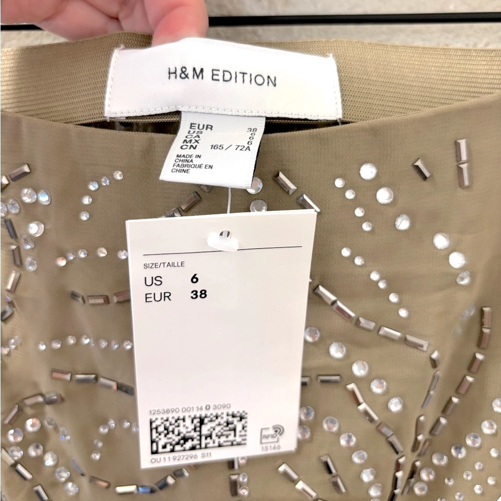 NWT H&M EDITION Embellished Rhinestone Skirt in Khaki Green - Picture 10 of 11